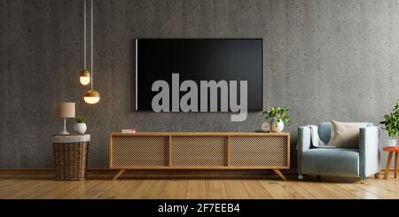 Smart tv mockup sul mobile in soggiorno il cemento parete, rendering 3d Foto Stock