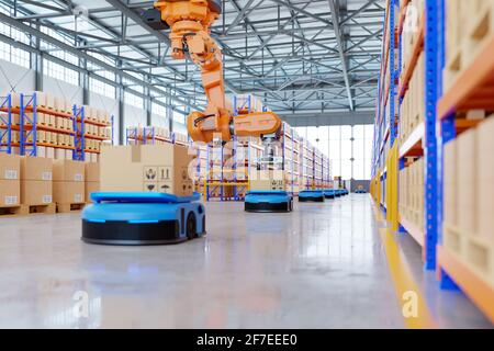 Braccio robotico per imballaggio con produzione e manutenzione di sistemi logistici Utilizzo di Automated Guided Vehicle (AGV),rendering 3d Foto Stock