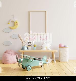 Cornice per poster mock-up nella stanza dei bambini, rendering 3d Foto Stock