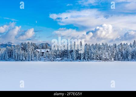 Cabina innevata nascosta tra gli alberi sul lago Lillian vicino Invermere, BC, Canada Foto Stock