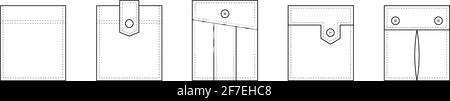Tasca patch. Set di tasche patch uniformi per abiti, abiti, camicia, jeans casual. Icone isolate. Illustrazione Vettoriale