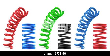 Molle in metallo, bobine colorate realistiche, set isolato. Parti a spirale flessibili, oggetti da garage industriali o meccanici in rosso, blu, verde e nero, rimbalzanti e compressi, illustrazioni vettoriali in 3d, clip art Illustrazione Vettoriale