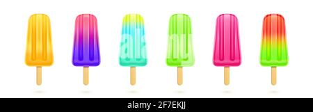 Popsicle di frutta, gelati colorati su bastone di legno. Insieme vettoriale realistico di succo congelato isolato su sfondo bianco. Dessert estivo freddo da fragola, kiwi, anguria e limone Illustrazione Vettoriale