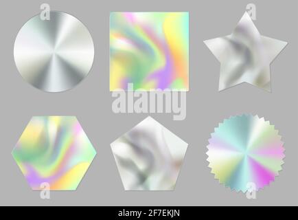 Adesivi olografici, etichette ologrammi di forme diverse. Forma circolare, quadrata, stella, cerchio dentellato, pentaedro ed esaedro arcobaleno foglio o blank argento lucido emblemi, realistico 3d vettoriale patch set Illustrazione Vettoriale