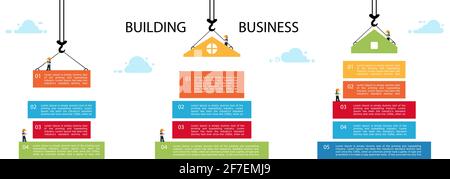 Infografica su edifici, gru a torre e blocco di colore per edifici. Attività di creazione di modelli infografiche. Illustrazione vettoriale in stile moderno e piatto. Illustrazione Vettoriale