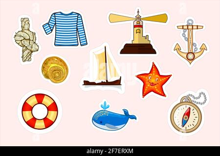 Set di adesivi per cartoni animati nautici. Collezione di oggetti e simboli marini. Elementi di progettazione delle etichette. Simpatici patch, spille, serie di badge. Illustrazione vettoriale Illustrazione Vettoriale
