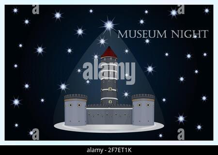 Notte del museo. Antico castello al cielo stellato. Poster o banner per eventi culturali. Evento pubblico culturale durante la notte. Giornata Internazionale del Museo. Vettore Illustrazione Vettoriale