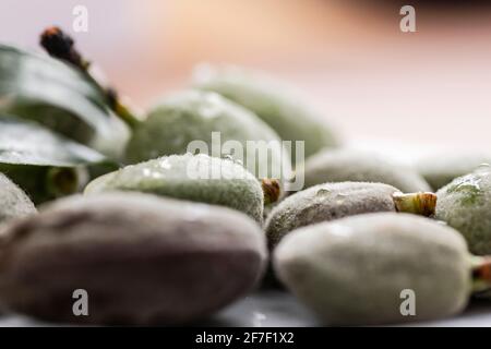 Mandorle verdi fresche da vicino sul piatto. Foto Stock