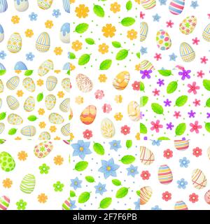 Set di motivi primavera senza giunture con uovo di Pasqua, fiori e foglie. Può essere utilizzato come elemento di caccia pasquale per banner Web, poster e texture. Scorte Illustrazione Vettoriale