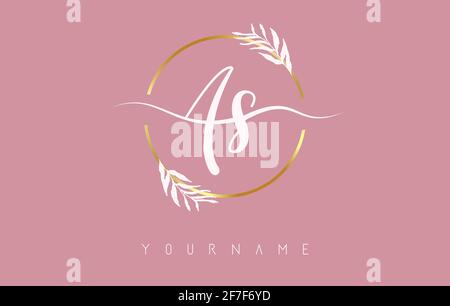 COME s lettere logo design con cerchio d'oro e foglie bianche sui rami intorno. Illustrazione vettoriale con lettere A e S per branding personale, cor Illustrazione Vettoriale