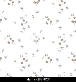 Motivo floreale senza cuciture con graziosi piccoli fiori su bianco. Illustrazione Vettoriale