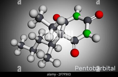 Pentobarbitale, molecola pentobarbitone. È sedativo, agente ipnotico. È usato per il trattamento dell'insonnia a breve termine. Modello molecolare. Rendering 3D Foto Stock