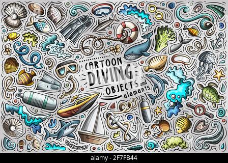 Colorato vettore Doodle disegnati a mano cartoni animati di temi Diving elementi, oggetti e simboli Illustrazione Vettoriale