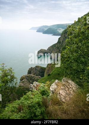 Wringapeak sulla costa del Parco Nazionale di Exmoor con Valley of the Rocks e Foreland Point Beyond, North Devon, Inghilterra. Foto Stock