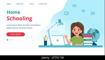 Banner homeschooling con ragazza che studia con il computer a casa. Illustrazione vettoriale in stile piatto Illustrazione Vettoriale