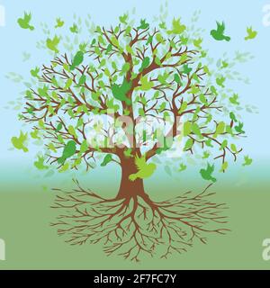 Un albero di vita con uccelli verdi seduti sui rami e volanti intorno all'albero. Lo sfondo è un gradiente blu verde Illustrazione Vettoriale