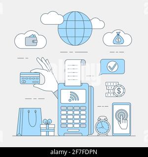 Shopping online e contactless payment vettoriale cartoon illustrazione di contorno. Acquisizione di pagamenti, pagamenti wireless tramite carta di credito o debito sul terminale POS. Concetto di pagamento NFC. Illustrazione Vettoriale