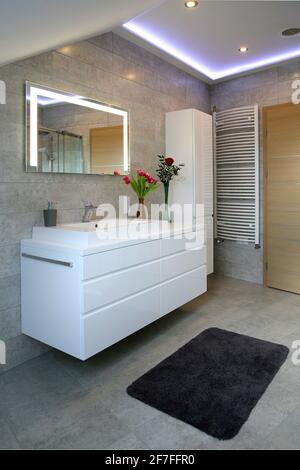 Bagno moderno con fiori di colore bianco in vaso sul banco vicino la zona  doccia con un pattern a parete e la porta Foto stock - Alamy