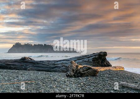 Tramonto a Rialto Beach, la Push, Contea di Clallam, Stato di Washington, Stati Uniti d'America, Nord America Foto Stock