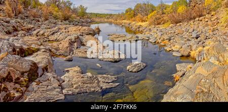 Piscine riflettenti e massi di roccia di basalto vulcanico in acqua, Devil'il Dog Canyon, vicino Drake, Arizona, Stati Uniti d'America, Nord America Foto Stock