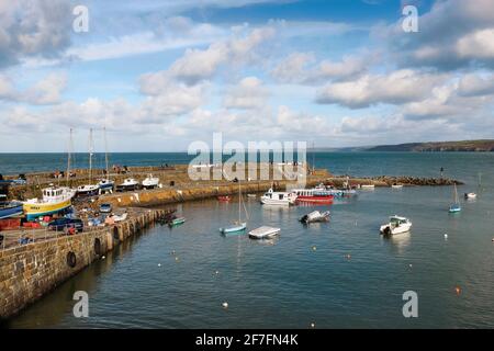 Le mura portuali di questa famosa città per la pesca commerciale, l'osservazione dei delfini e il turismo, New Quay, Ceredigion, Galles, Regno Unito, Europa Foto Stock