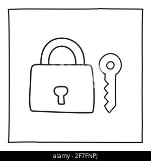 Tasto Doodle e icona o logo del lucchetto, disegnati a mano con sottile linea nera. Illustrazione Vettoriale