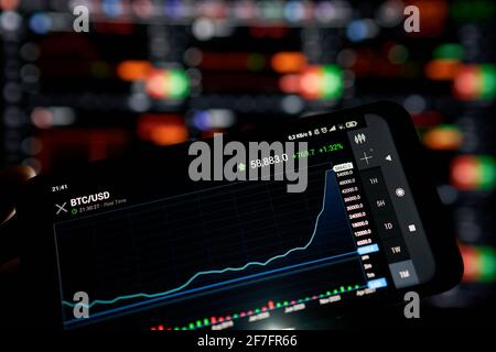 Venezia, Italia - 06 Aprile 2021: Grafico dei prezzi della criptovaluta Bitcoin sullo schermo del telefono, concetto di previsione dei prezzi futuri della criptovaluta. Scambio Foto Stock