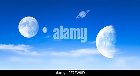 Sfondo panorama cielo blu nuvole nuvoloso mezzaluna crescente declino luna sistema solare pianeta terra sera notte stella sfera piena luna satellito Foto Stock