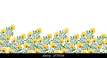 Bordo senza giunture floreali di primavera isolato su bianco, acquerello dipinto a mano illustrazione botanica con fiori giallo primavera e rami verdi Foto Stock