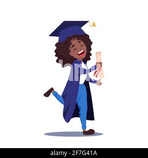 Giovane afroamericana sorridente ragazza in mantello di laurea e cappello che mostra il diploma. Illustrazione Vettoriale