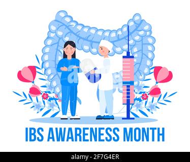 Mese di sensibilizzazione alla sindrome dell'intestino irritabile osservato in aprile. Vettore di concetto di evento medico IBS. I piccoli medici curano le malattie intestinali. Illustrazione Vettoriale