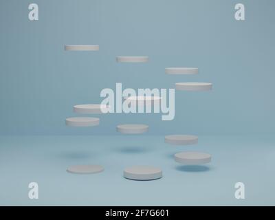 Scena minima con podio cilindrico bianco su sfondo blu pastello. Scena astratta con forme geometriche. rendering 3d. Foto Stock