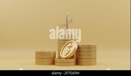 Rendering 3D. Le monete d'oro si accatastano con alberi su sfondo giallo. Concetto di investimento aziendale e risparmio di denaro. Foto Stock