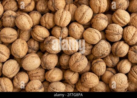 texture di sfondo noce, motivo di mucchio di noci, noci in guscio cibo, mucchio sparso di noci, vista dall'alto Foto Stock