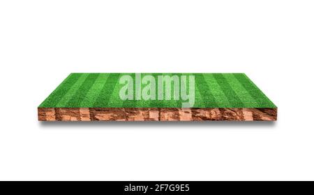 Sezione trasversale del terreno con campo da calcio in erba isolato su sfondo bianco. Rendering 3D. Foto Stock