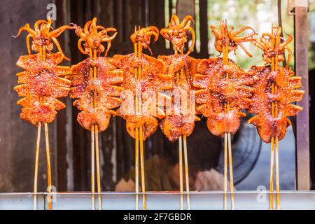 Spiedini di pesce nel quartiere musulmano di Xi'an, Cina Foto Stock