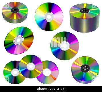 Gruppo di dischi CD o DVD su sfondo bianco, Illustrazione 3D Foto Stock