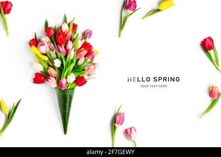 Layout creativo con fiori tulipani colorati isolati su sfondo bianco. Composizione floreale con bei tulipani freschi. Ciao primavera e pasqua conc Foto Stock