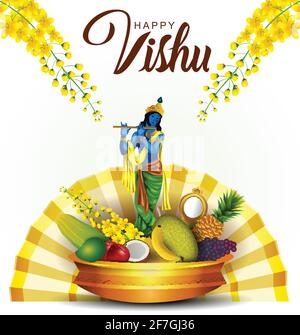 Auguri di buon Vishu. Aprile 14 Kerala festival con Vishu Kani, vishu fiori frutta e verdura in un vaso di bronzo. Disegno di illustrazione vettoriale Illustrazione Vettoriale