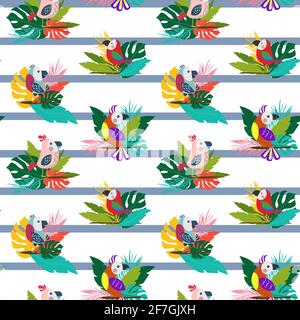 Pattern con strisce e pappagalli tropicali colorati. Illustrazione Vettoriale