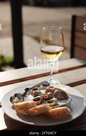 Bicchiere con vino e piatto con conchiglie di lumaca, servito su un piatto bianco classico, con salse varie, pesto, tartufo, formaggio, Pezzi di baguett francese Foto Stock