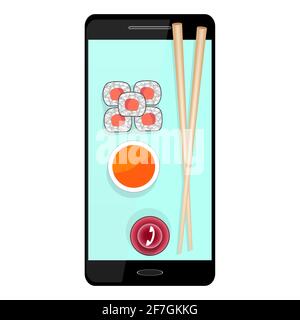 Sushi e smartphone. Illustrazione vettoriale. Illustrazione Vettoriale