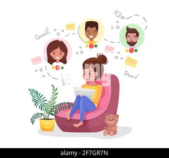 Donna che lavora in ufficio domestico. Carino personaggio seduto sul pouf in camera Illustrazione Vettoriale