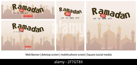 banner di vendita ramadan fino al 50%. banner web standard, schermo dekstop, schermo mobile e illustrazione vettoriale delle dimensioni dei social media Illustrazione Vettoriale