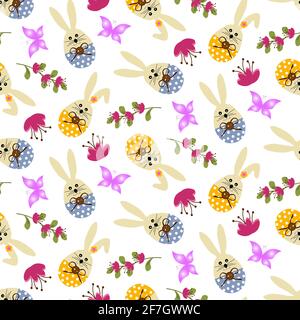 Modello con cartoni animati coniglietti pasquali e fiori. Illustrazione Vettoriale