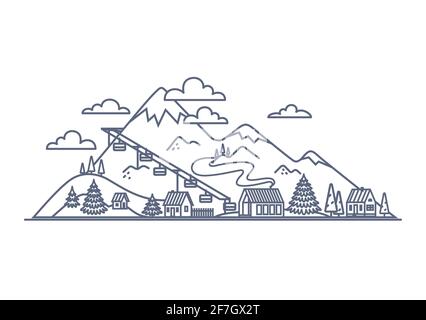Icona della linea della stazione di montagna - paesaggio montano con edifici del villaggio e ascensore di sci semplice illustrazione lineare su sfondo bianco. Vettore Illustrazione Vettoriale
