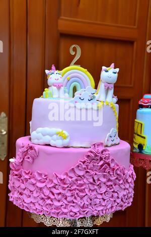 Dettaglio di un compleanno unicorn torta .Kids festa di compleanno Foto Stock