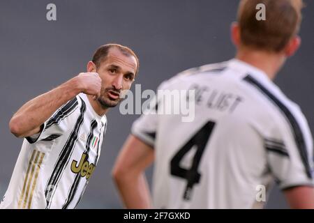 Torino, Italia. 07 aprile 2021. Giorgio Chiellini della Juventus FC reagisce durante la Serie A Football Match tra Juventus FC e SSC Napoli allo stadio Allianz di Torino, 7 aprile 2021. Photo Federico Tardito/Insifefoto Credit: Insifefoto srl/Alamy Live News Foto Stock