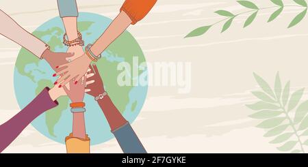 Gruppo di mani in cima a vicenda di persone di diversa cultura e multietnica su una terra globo.Fondo finanziario per l'ambiente. Cooperazione Illustrazione Vettoriale