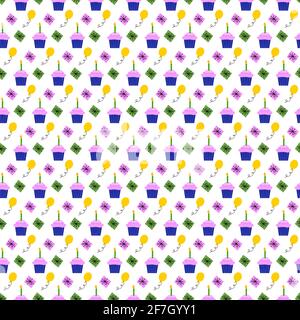 Modello festivo con muffin, regali e palloncini. Illustrazione Vettoriale